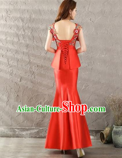 Chinese Traditional Wedding Costume Classical Embroidered Red Fishtail Full Dress for Women