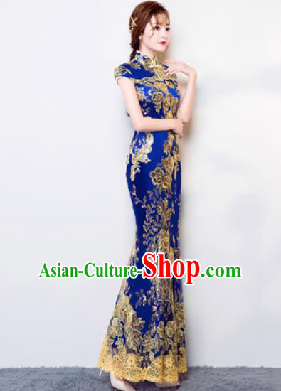 Chinese Traditional Wedding Costume Classical Embroidered Royalblue Lace Full Dress for Women