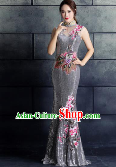 Chinese Traditional Wedding Costume Classical Embroidered Magnolia Grey Full Dress for Women