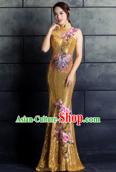 Chinese Traditional Wedding Costume Classical Embroidered Magnolia Golden Full Dress for Women