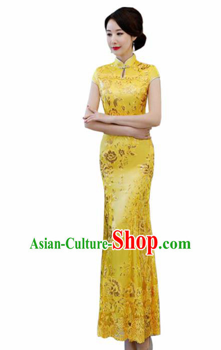 Chinese Traditional Wedding Costume Classical Embroidered Yellow Full Dress for Women
