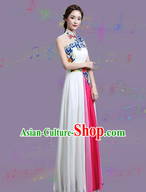 Chinese Traditional Cheongsam Costume Classical Embroidered Peony White Full Dress for Women