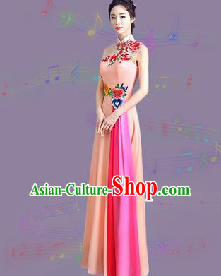 Chinese Traditional Cheongsam Costume Classical Embroidered Peony Pink Full Dress for Women