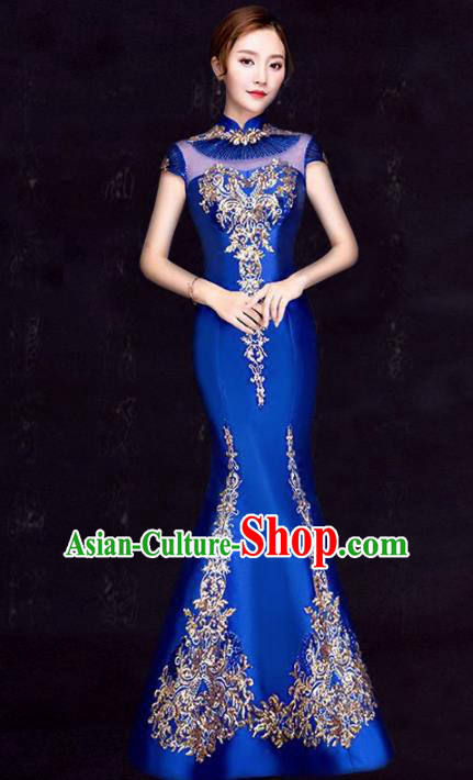 Chinese Traditional Fishtail Cheongsam Costume Classical Embroidered Royalblue Full Dress for Women