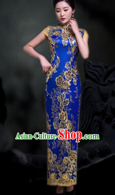 Chinese Traditional Embroidered Royalblue Cheongsam Costume Classical Full Dress for Women