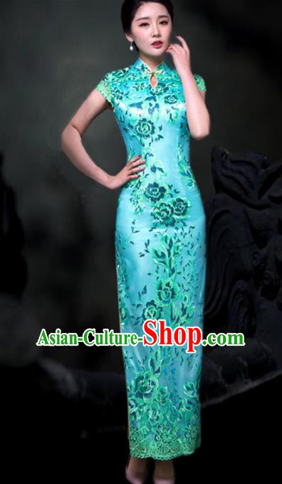 Chinese Traditional Embroidered Blue Cheongsam Costume Classical Full Dress for Women