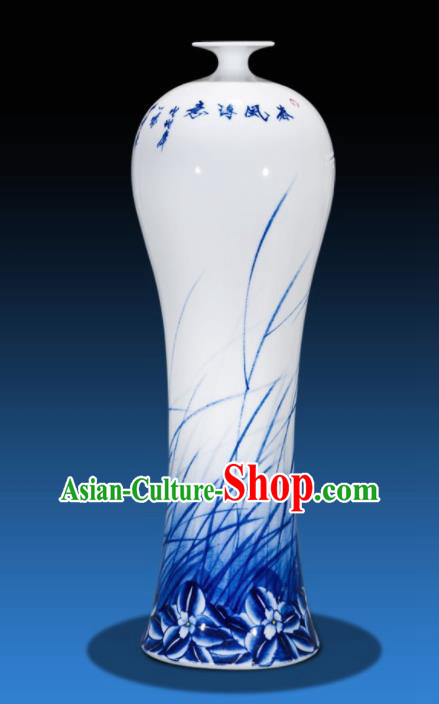 Chinese Traditional Blue and White Porcelain Orchid Prunus Vase Jingdezhen Ceramic Handicraft