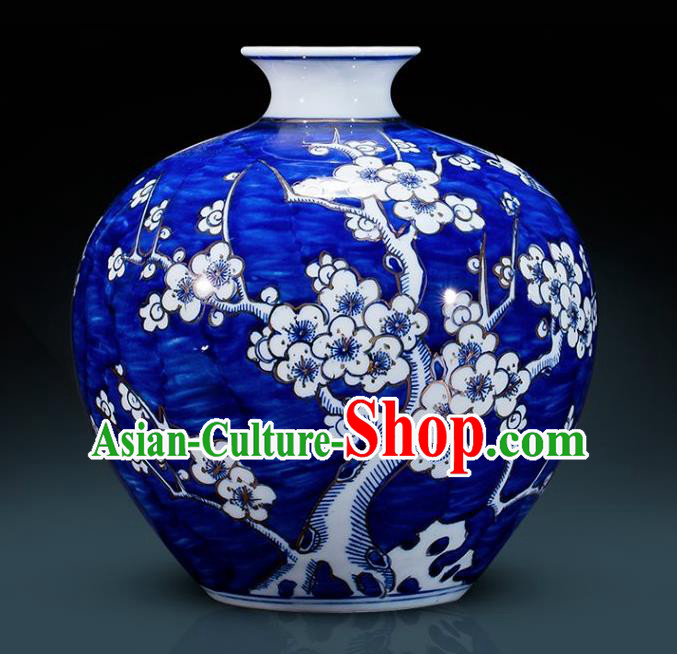 Chinese Jingdezhen Ceramic Handicraft Traditional Blue and White Porcelain Plum Blossom Pomegranate Vase