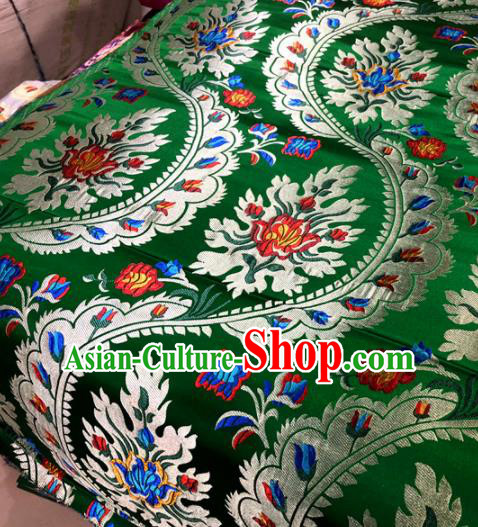 Chinese Traditional Buddhism Flowers Pattern Design Green Brocade Silk Fabric Tibetan Robe Satin Fabric Asian Material