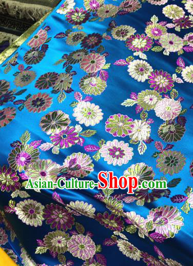 Chinese Traditional Buddhism Daisy Pattern Design Blue Brocade Silk Fabric Tibetan Robe Satin Fabric Asian Material