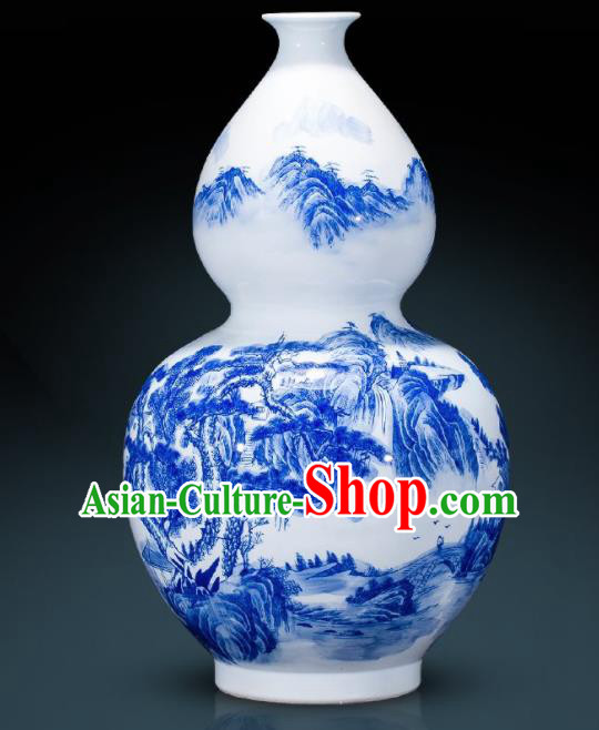 Chinese Jingdezhen Ceramic Landscape Painting Calabash Vase Handicraft Traditional Blue and White Porcelain Vase