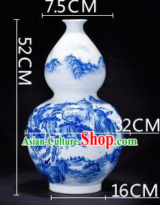 Chinese Jingdezhen Ceramic Landscape Painting Calabash Vase Handicraft Traditional Blue and White Porcelain Vase