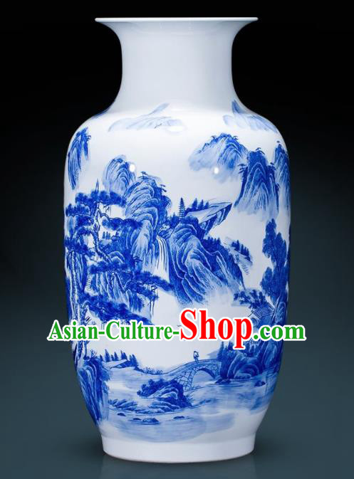 Chinese Jingdezhen Ceramic Landscape Painting Wax Gourd Vase Handicraft Traditional Blue and White Porcelain Vase