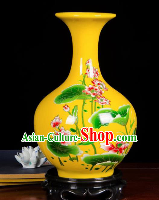 Chinese Jingdezhen Ceramic Craft Hand Painting Lotus Yellow Enamel Design Vase Handicraft Traditional Porcelain Vase