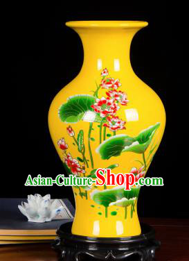 Chinese Jingdezhen Ceramic Craft Hand Painting Lotus Yellow Enamel Fishtail Vase Handicraft Traditional Porcelain Vase