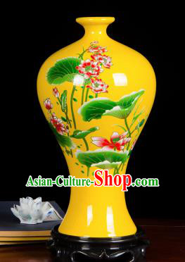 Chinese Jingdezhen Ceramic Craft Hand Painting Lotus Yellow Enamel Prunus Vase Handicraft Traditional Porcelain Vase
