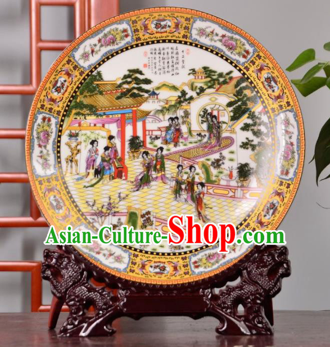 Chinese Traditional Hand Painting Beauty Decoration Enamel Dish Jingdezhen Ceramic Handicraft