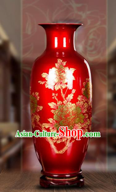 Chinese Jingdezhen Ceramic Craft Printing Peony Pattern Red Enamel Vase Handicraft Traditional Porcelain Vase
