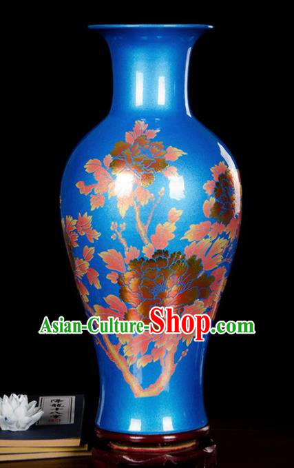 Chinese Jingdezhen Ceramic Craft Printing Peony Pattern Blue Enamel Vase Handicraft Traditional Porcelain Vase