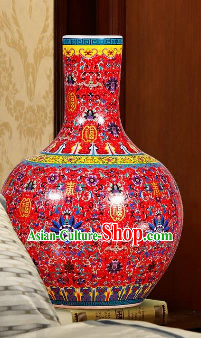 Chinese Jingdezhen Ceramic Craft Colour Enamel Red Vase Handicraft Traditional Porcelain Vase