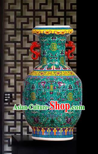 Chinese Jingdezhen Ceramic Craft Colour Enamel Green Amphora Vase Handicraft Traditional Porcelain Vase