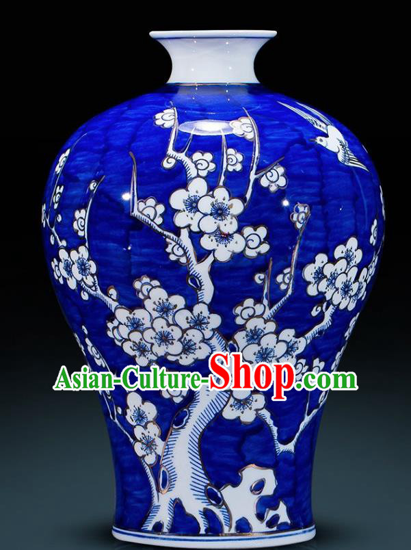 Chinese Jingdezhen Ceramic Handicraft Traditional Blue and White Porcelain Plum Blossom Prunus Vase