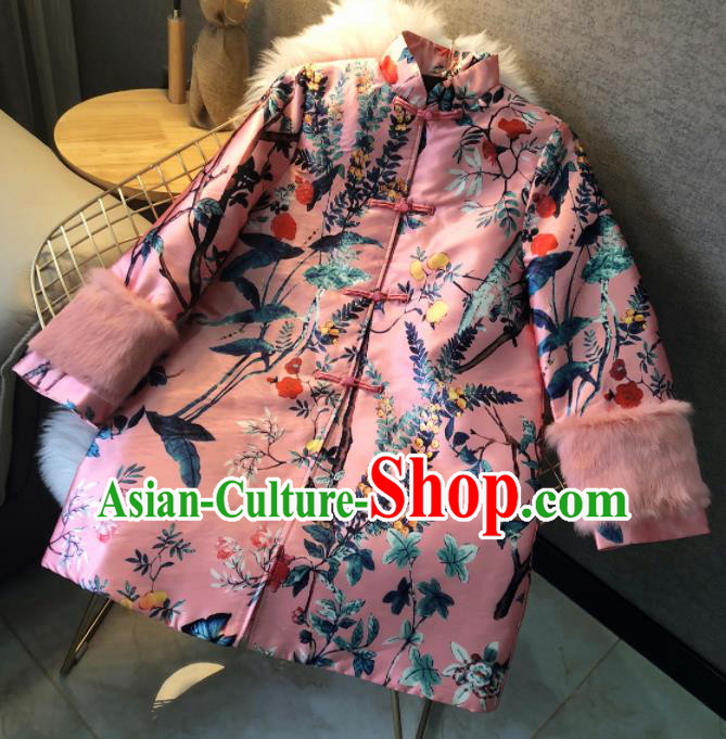 Chinese Traditional National Costume Pink Cotton Padded Coat Embroidered Tang Suit Outer Garment for Women