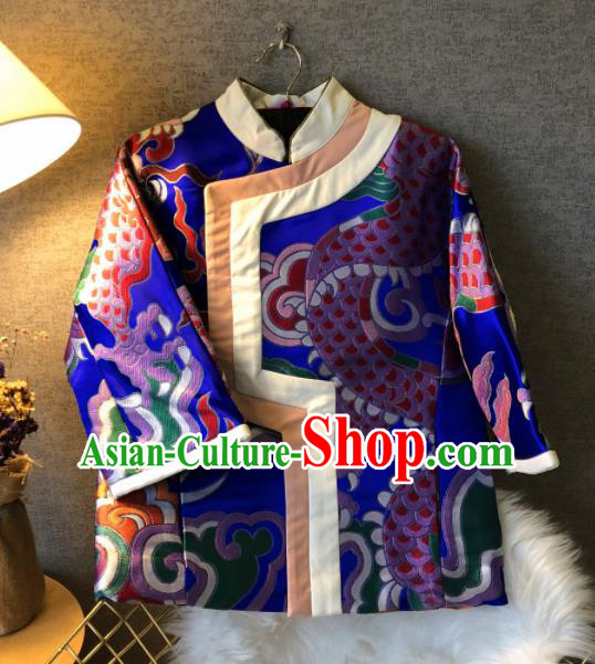 Chinese Traditional National Costume Embroidered Royalblue Jacket Tang Suit Outer Garment for Women