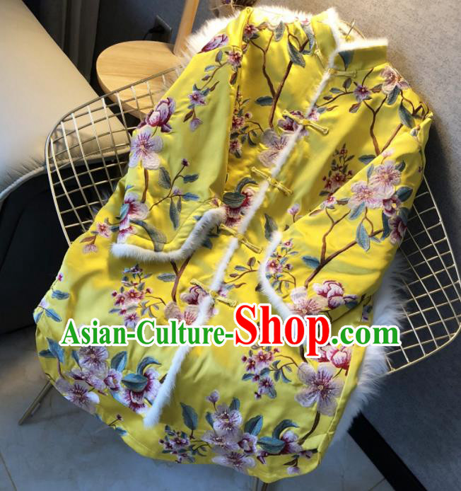 Chinese Traditional National Costume Embroidered Yellow Coat Tang Suit Outer Garment for Women
