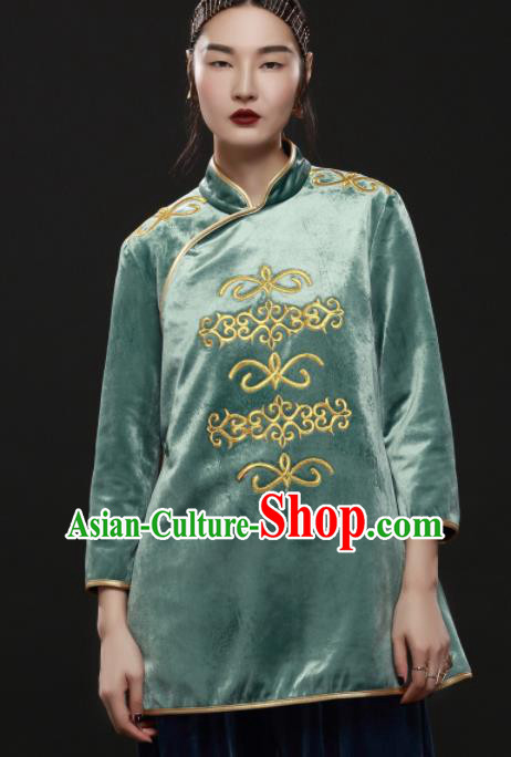 Chinese Traditional National Costume Embroidered Green Jacket Tang Suit Upper Outer Garment for Women