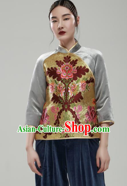 Chinese Traditional National Costume Upper Outer Garment Tang Suit Embroidered Blouse for Women