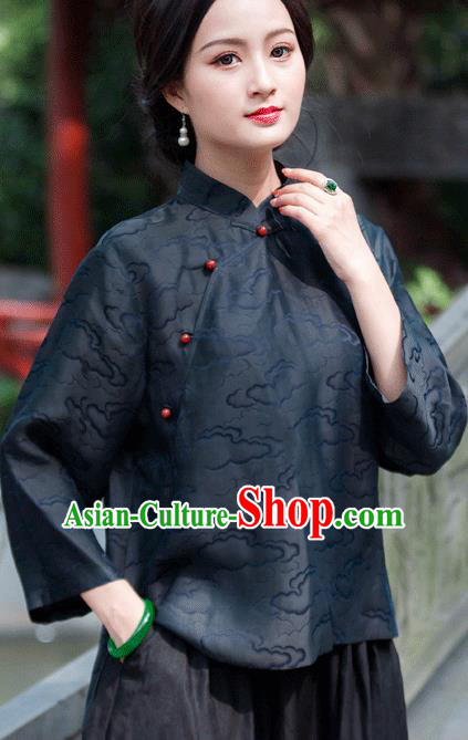 Chinese Traditional Upper Outer Garment National Costume Tang Suit Embroidered Navy Blouse for Women