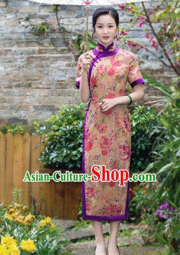 Chinese Traditional National Costume Tang Suit Printing Silk Qipao Dress Cheongsam for Women