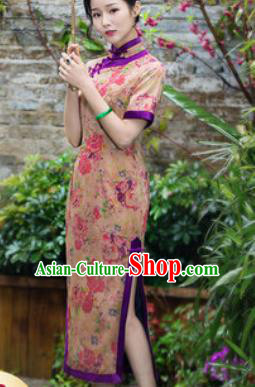 Chinese Traditional National Costume Tang Suit Printing Silk Qipao Dress Cheongsam for Women