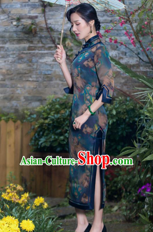 Chinese Traditional National Costume Tang Suit Printing Deep Green Silk Qipao Dress Cheongsam for Women