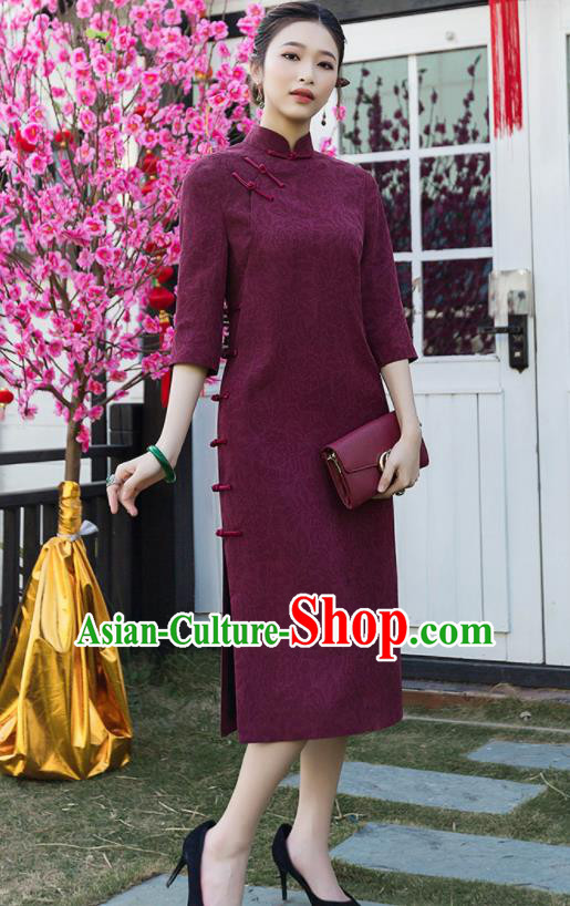 Chinese Traditional Tang Suit Wine Red Qipao Dress National Costume Cheongsam for Women