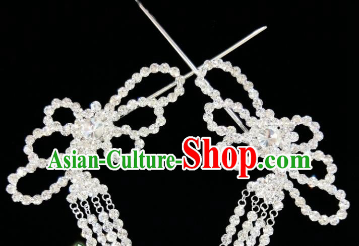 Chinese Ancient Princess White Crystal Tassel Hairpins Traditional Peking Opera Artiste Hair Clips Headwear for Women