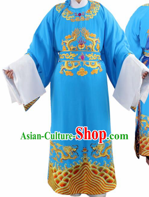 Chinese Ancient Number One Scholar Embroidered Blue Robe Traditional Peking Opera Niche Costume for Men