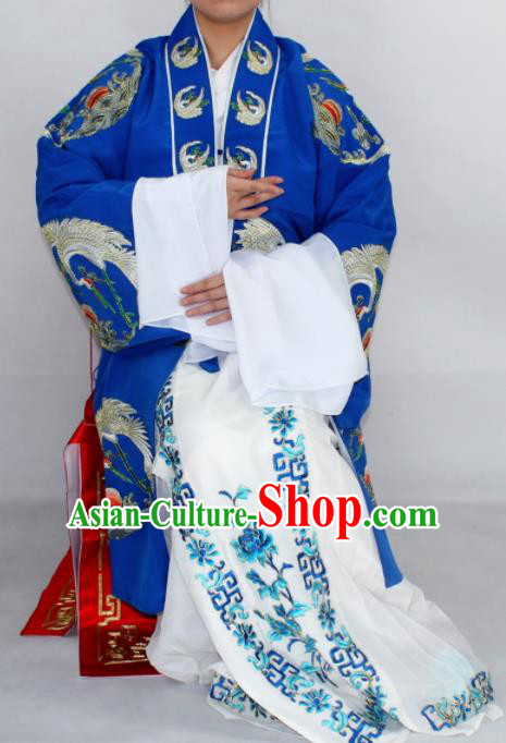 Chinese Ancient Old Lady Embroidered Blue Dress Traditional Peking Opera Dowager Countess Costume for Women