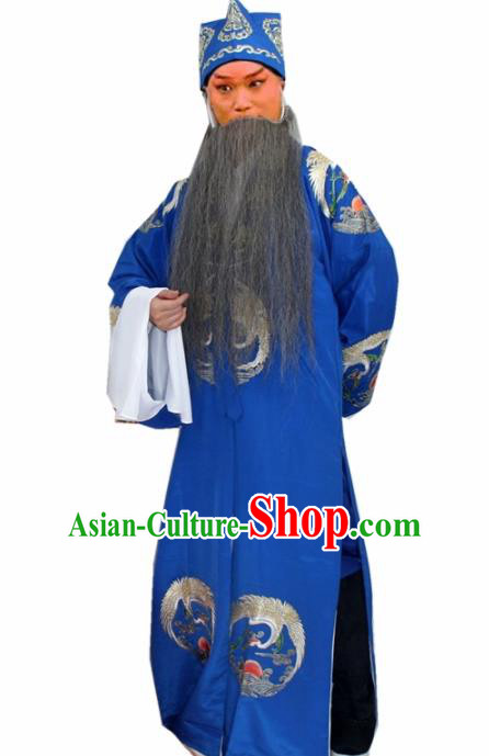 Chinese Ancient Ministry Councillor Embroidered Blue Robe Traditional Peking Opera Old Men Costume for Men