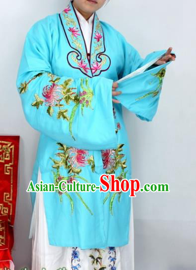 Chinese Ancient Princess Embroidered Chrysanthemum Blue Dress Traditional Peking Opera Diva Costume for Women