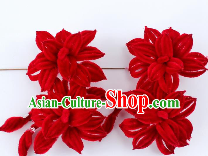 Chinese Ancient Princess Red Velvet Flowers Hairpins Traditional Peking Opera Artiste Headwear for Women