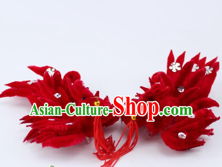 Chinese Ancient Princess Red Velvet Phoenix Tassel Hairpins Traditional Peking Opera Artiste Headwear for Women