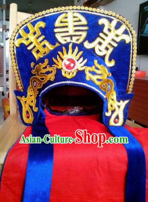 Chinese Traditional Sichuan Opera Headwear Face Changing Royalblue Hat Handmade Helmet for Men