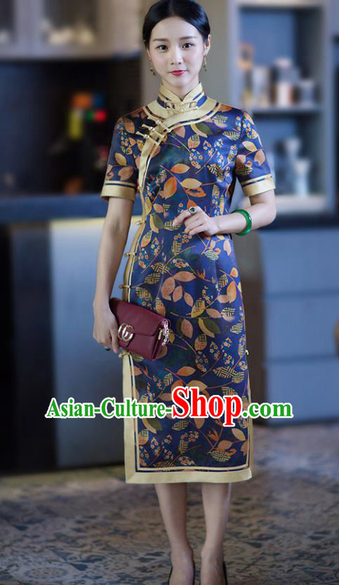 Chinese Traditional Tang Suit Printing Leat Blue Silk Qipao Dress National Costume Cheongsam for Women