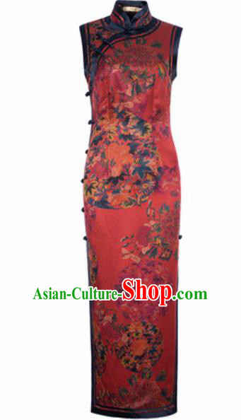Chinese Traditional Tang Suit Purplish Red Qipao Dress National Costume Printing Cheongsam for Women