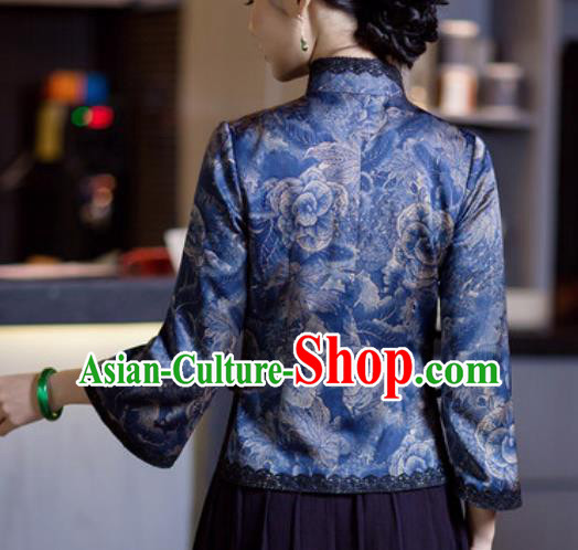 Chinese Traditional Tang Suit Upper Outer Garment Qipao Dress Blue Blouse National Costume for Women