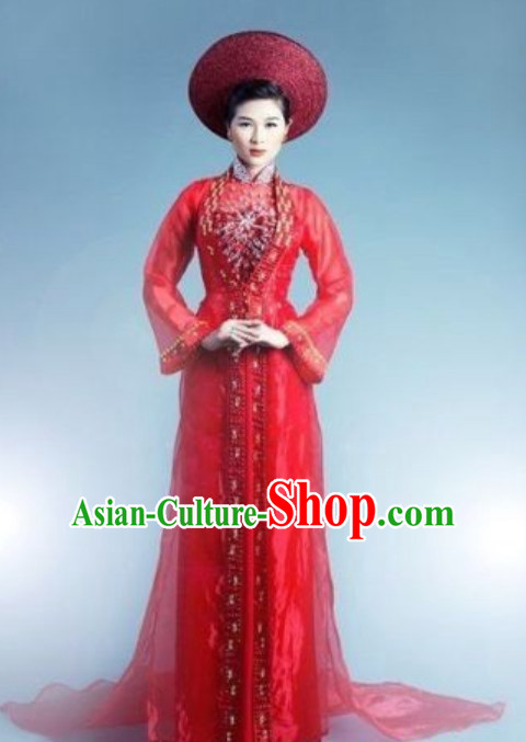 Classical Traditional Vietnam Wedding Dress and Hat Complete Set for Brides