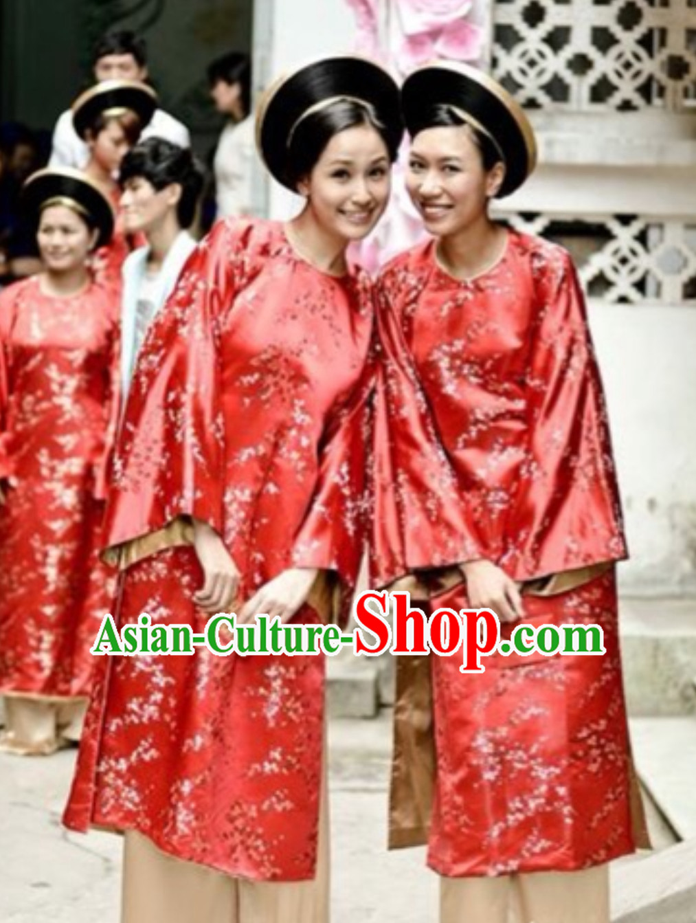 Classical Traditional Vietnam Wedding Dress and Hat Complete Set for Brides