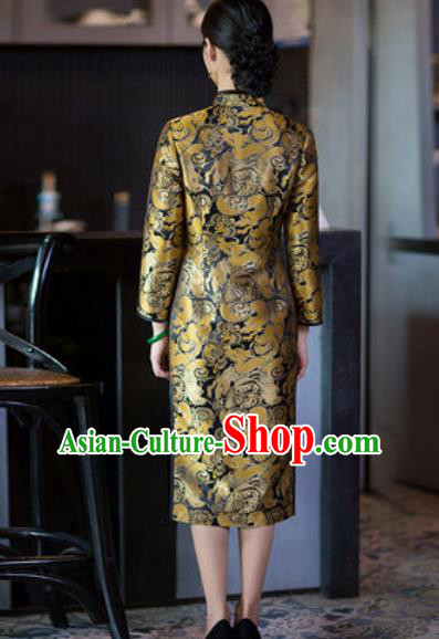 Chinese Traditional Tang Suit Qipao Dress National Costume Golden Silk Cheongsam for Women